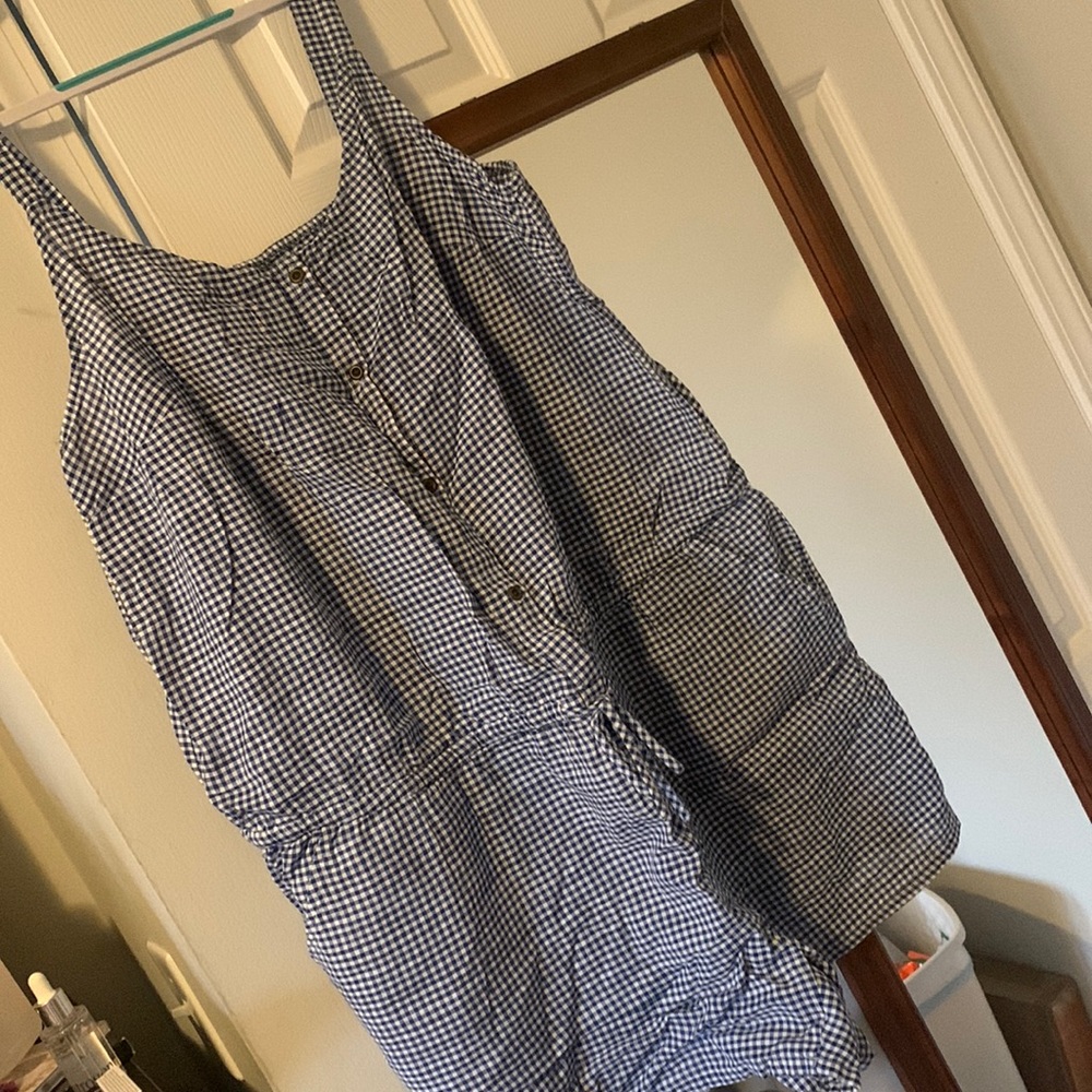 Old Navy blue and white plaid/checked romper. She’s got pockets!